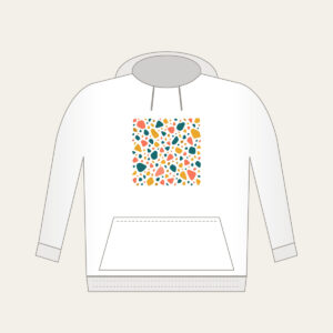 Coral, Teal and Mustard Terrazzo Pebbles Hoodie in white: All-over terrazzo pebbles in coral, teal and mustard on a cream ground with clear breathing room.