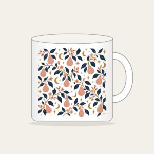 Pear Branches and Crescent Moons Mug in white: Pear branches, tiny crescent moons and stars repeat in dusty rose, gold and deep navy.