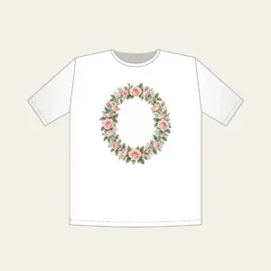 Oval Rose Wreath in Blush and Sage T-Shirt in white: An oval wreath of roses and leaves in blush and sage that leaves a quiet open space in the middle.