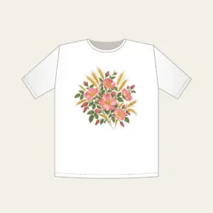 Prairie Roses and Wheat Stalks T-Shirt in white: All-over prairie roses and wheat stalks in rose, gold and sage.