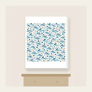 Tiny Waves and Pebbles Repeat Canvas Print in white: A small-scale repeat of waves and pebbles in navy, teal and sand.
