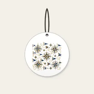 Compass Roses and Pennants Ceramic Ornament in white: Compass roses and pennants repeat in navy, gold and cream.