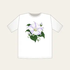 Moonflower on Deep Green T-Shirt in white: One large moonflower in white and lavender glows against a deep green ground.
