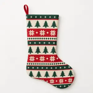 Evergreen Fair Isle Christmas Stocking with flat printed Fair Isle-style rows of pines and stars in red, cream and green