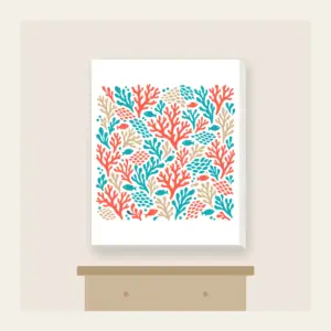 Coral Branch and Fish Scale Mosaic Canvas Print in white: An all-over mosaic of coral branches and small fish scales in coral, turquoise and sand.
