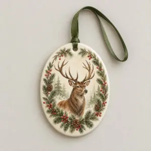 Heirloom Stag Ceramic Ornament with oval artwork of a stag within a ring of pine sprigs and berries in cream, brown and green, Oval fixed shape, 1-side printed