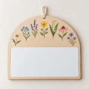 Weekly Garden Reusable Wooden Sign with a border of seven small different flowers, one for each day, around a blank centre