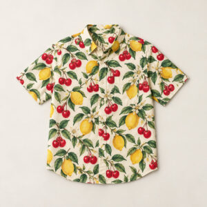 Midsummer Fruit All-Over Pocket Shirt with all-over cherries, lemons and leaves in red, yellow and green on cream