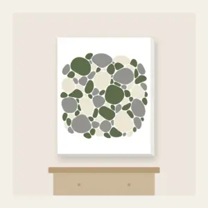 River Stones in Moss and Grey Canvas Print in white: Smooth river stones in moss green, grey and cream are traced with fine white outlines.