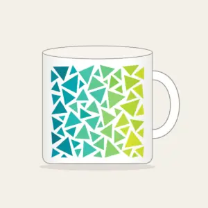 Teal-to-Lime Color-Block Triangles Mug in white: Color-blocked triangles shift from teal to lime on white.