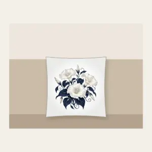 Night-Blooming Moonflowers over Navy Pillow in white: Moonflowers in cream and silver glow over a navy ground.