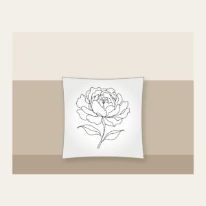 Peony in One Line Pillow in white: A single peony drawn in one continuous black line with two leaves.