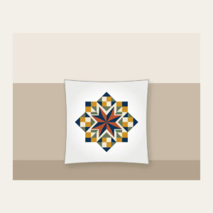 Star Medallion Patchwork Pillow in white: An eight-point star medallion in navy, cream and rust with mustard and sage patchwork squares.