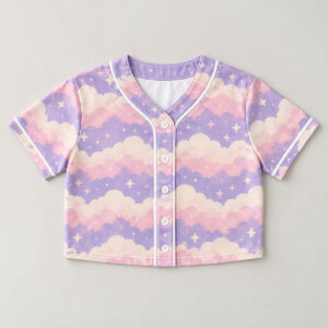 Cloud Rows Crop Baseball Jersey with White Buttons with all-over cloud rows in lilac, blush and cream with small stars