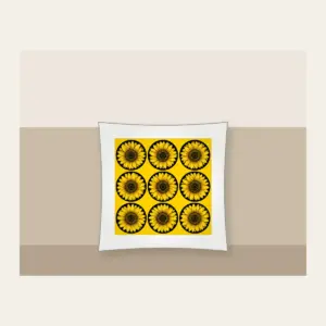 Nine Sunflowers in a Yellow Grid Pillow in white: A neat three-by-three grid of nine sunflower circles in black and golden lines on a yellow ground.