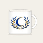 Crescent Moon and Olive Sprigs Mug in white: A centered crescent moon is flanked by olive sprigs in cobalt and gold line art on white.