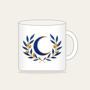 Crescent Moon and Olive Sprigs Mug in white: A centered crescent moon is flanked by olive sprigs in cobalt and gold line art on white.