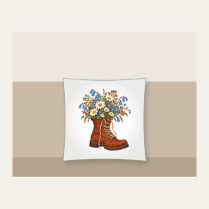Lace-Up Boot Overflowing with Daisies Pillow in white: A lace-up boot spilling daisies and bluebells in cream, sky blue and rust.