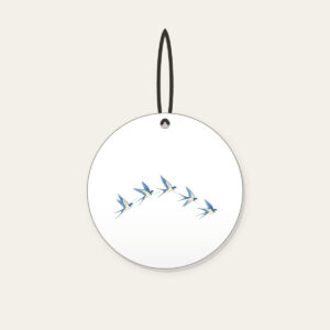 Five Swallows in a Gentle Arc Ceramic Ornament in white: Five swallows in cream and sky blue fly in an arc along a fine dotted trail.