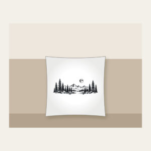 Pine Tree Line and Crescent Moon Pillow in white: A single-tone pine tree in line drawing with a small moon curled around it.