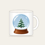 Tiny Pine Snow Globe Mug in white: A small pine tree stands inside a round snow globe as white flakes swirl around it.