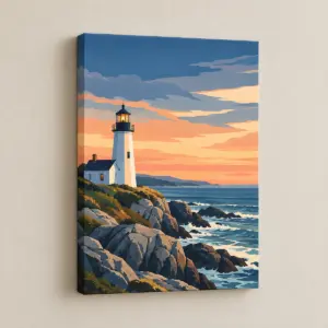 Lighthouse Coast Canvas Print with vertical scene of a white lighthouse on a rocky coast with layered sky bands in dusk blue, peach and cream