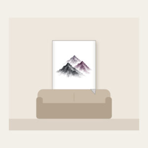 Three Overlapping Mountain Peaks Fleece Blanket in white: Three overlapping mountain peaks in charcoal grey and muted plum, painted in a restrained brush style.