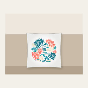 Palm Fronds and Wave Lines Pillow in white: Palm fronds and flowing wave lines in teal, coral and cream.