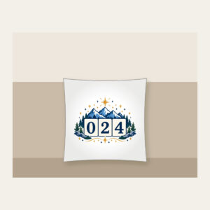 Mountain and Star Border with 024 Pillow in white: A border of mountains and stars surrounds a three-digit counter reading 024.