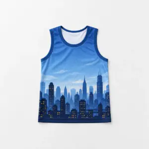 Skyline Kids Jersey Tank with a city skyline silhouette in layered blues with tiny warm lit windows along the hem