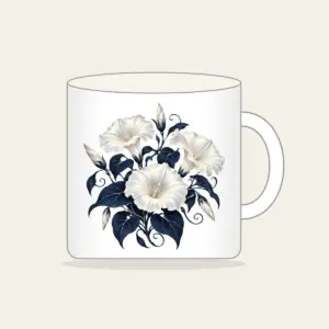 Night-Blooming Moonflowers over Navy Mug in white: Moonflowers in cream and silver glow over a navy ground.