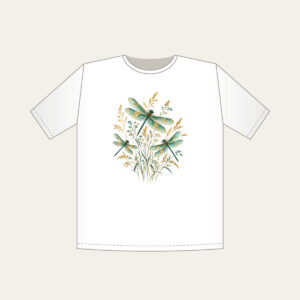 Dragonflies over Meadow Grasses T-Shirt in white: Teal and gold dragonflies hover over fine meadow grasses.