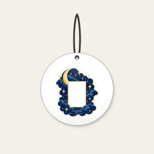 Starry Navy Sky with an Open Center Ceramic Ornament in white: A deep-blue sky of tiny stars and a crescent surrounds an empty central rectangle.