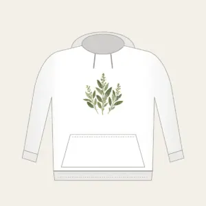 Three Pressed Sage Sprigs Hoodie in white: Three sage sprigs in cream and pale green with tiny dotted stems, like a page from a pressed-botanical album.