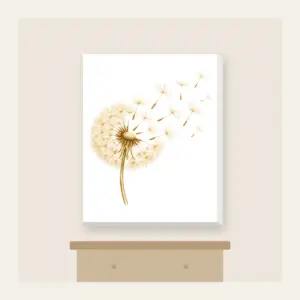 Dandelion Seeds Drifting Away Canvas Print in white: A dandelion seed head with its seeds drifting away in cream and pale gold.