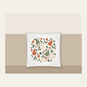 Pear and Pebble Terrazzo Garden Pillow in white: All-over terrazzo of pears, leaves and pebbles in sage, terracotta and cream.