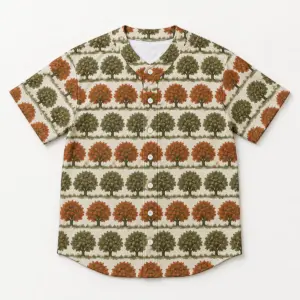 Orchard Rows Baseball Jersey with White Buttons with all-over rows of round trees in olive, rust and cream with a plain collar