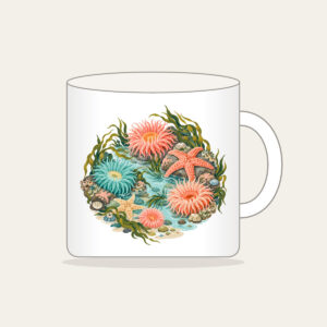 Coral Tidepool Anemones Mug in white: Anemones, starfish and sea grass gather in coral, teal and sand over a pale aqua ground.