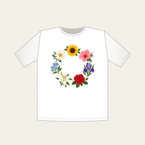 Weekly Seven Flower Border T-Shirt in white: A border of seven small, different flowers, one for each day, surrounds an open centre.