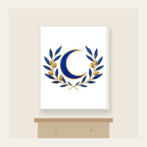 Crescent Moon and Olive Sprigs Canvas Print in white: A centered crescent moon is flanked by olive sprigs in cobalt and gold line art on white.