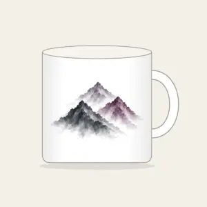 Three Overlapping Mountain Peaks Mug in white: Three overlapping mountain peaks in charcoal grey and muted plum, painted in a restrained brush style.