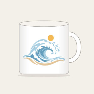 Curling Wave and Little Sun Mug in white: A curling wave in white, pale blue and sand with a small sun disc above.