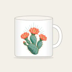 Prickly Pear with Three Coral Blossoms Mug in white: A prickly pear cactus with three coral blossoms and fine sun rays in weathered turquoise and coral.