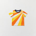 Sunny Pitch Kids Soccer Jersey with diagonal sunburst bands in yellow, orange and white with a navy collar