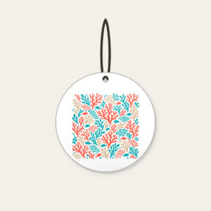 Coral Branch and Fish Scale Mosaic Ceramic Ornament in white: An all-over mosaic of coral branches and small fish scales in coral, turquoise and sand.