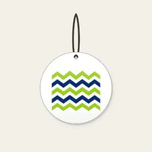 Lime and Navy Zigzag Bands Ceramic Ornament in white: Bold zigzag bands in lime, white and navy sweep across the artwork.