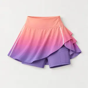 Dawn Run Skort with a gradient from peach to rose to violet with a thin white stripe on each side