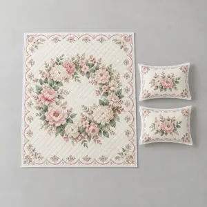 Heirloom Medallion Quilt Bedding Set with quilted-look medallion of a floral wreath in blush, sage and cream with a scalloped border, White Binding type