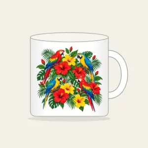 Parrots Among Red Hibiscus Mug in white: Parrots perch among hibiscus flowers in red, green and yellow.