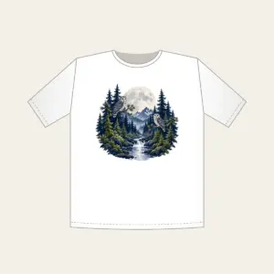 Moonlit Pine Forest with Owls T-Shirt in white: A moonlit forest of pines and owls in navy, silver and moss beneath a large pale moon.